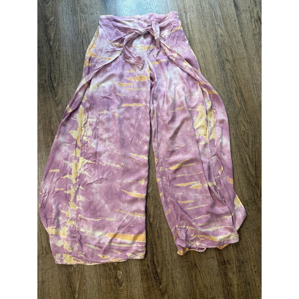 Young Fabulous & Broke Tie Dye Wide Leg Pants Purple Yellow Slit Size M